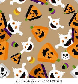 Halloween seamless pattern. Vector image of funny ghosts, jack lantern, candy corn on a  violet background. Ideal for background, wallpaper, wrapping paper, textile.