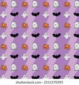 Halloween Seamless Pattern Vector. October Party Illustration. Pumpkin, Ghost, Bat and Grave in Purple Background. Greeting Card. Holiday. Season. Gift Paper. Spooky Decoration.