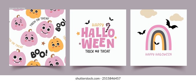 Halloween seamless pattern vector poster set. Happy halloween greeting text with cute pumpkin character, rainbow and bat elements for wallpaper seamless collection. Vector illustration gift wrap trick