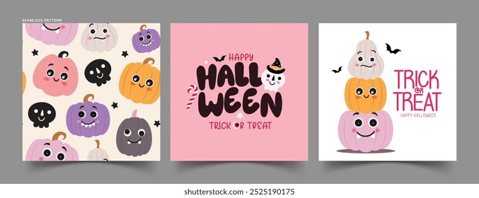 Diseño de conjunto de póster de Vector de patrón transparente de Halloween. Personajes de calabazas en patrón interminable para la colección de Plantilla de Fondo de pantalla de halloween. Ilustración vectorial de horror lindo diseño de envoltura de regalo. 
