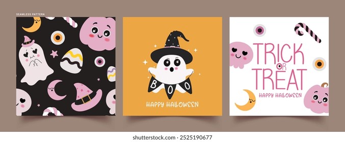 Halloween seamless pattern vector poster set. Trick or treat halloween seamless pattern with ghost, eyeball and candy cane flat elements for wallpaper horror card collection. Vector illustration greet