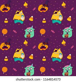 Halloween seamless pattern. Vector print illustration. Pirate, candy, zombie and pumpkin texture for your party. Cartoon style.