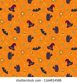 Halloween seamless pattern. Vector print illustration. Cat, hat, bat and magic wand texture for your party. Cartoon style.