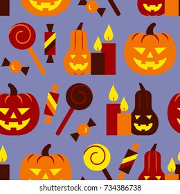 Halloween seamless pattern. Vector pumpkin, candle, candy illustration.  Treat or trick party background. Season celebration symbol. Print, wrapping, package, textile, card, banner, flyer, tag design