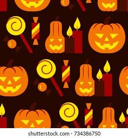Halloween seamless pattern. Vector pumpkin, candle, candy illustration.  Treat or trick party background. Season celebration symbol. Print, wrapping, package, textile, card, banner, flyer, tag design
