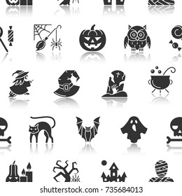 Halloween seamless pattern. Vector pumpkin, candle, candy illustration. Treat or trick party background. Season celebration symbol. Print, wrapping, package, textile, card, banner, flyer, tag design