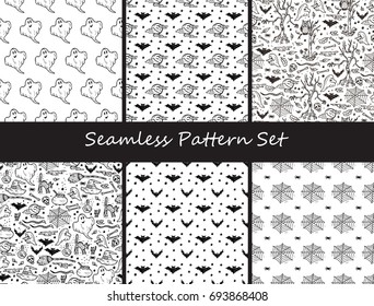 Halloween Seamless Pattern Vector Set. Hand Drawn Doodle Horror Haunted Spooky Forest, Starry Night Sky and Bats, Smiling Ghost, Spider and Web. Black And White Backgrounds