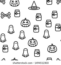Halloween Seamless Pattern. Vector Thin Line. Contour Illustrations.