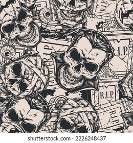 Halloween seamless pattern vintage monochrome gravestones with RIP text and mummy or vampire skulls for spooky holiday decorations vector illustration
