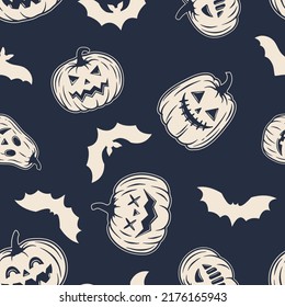 Halloween seamless pattern. Vintage halloween pumpkins with bat's silhouettes isolated on black background. Vector illustration