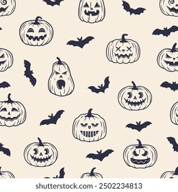 Halloween seamless pattern. Vintage halloween pumpkins with bat's silhouettes isolated on white background. Vector illustration