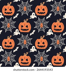 Halloween seamless pattern. Vintage pumpkins, ghosts and cobwebs with a spider on a dark background. Vector illustration in flat style. Ideal for use in textiles, wallpapers and holiday decorations.