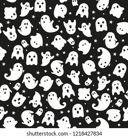 Halloween seamless pattern wallpaper background.Black background white ghost icon. Handmade pattern for design card, invitation, poster, banner, menu, notebook, album etc.