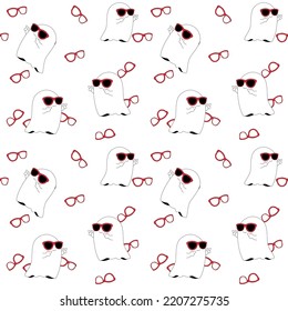 The Halloween seamless pattern or wallpaper, the cute ghost sheet who wears a red modern glass, red glasses in the background.
