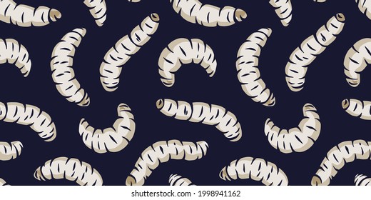 Halloween seamless pattern, wallpaper with illustrations of maggots worms for design. Scary insect larvae. October party banner, poster or postcard