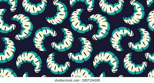 Halloween seamless pattern, wallpaper with illustrations of maggots worms for design. Scary insect larvae. October party banner, poster or postcard