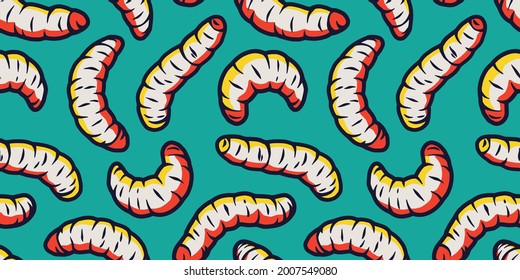 Halloween seamless pattern, wallpaper with illustrations of maggots worms for design. Scary insect larvae. October party banner, poster or postcard