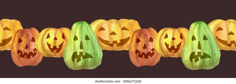 Halloween. Seamless pattern with watercolor pumpkins. Border template for printing wrapping paper, packaging, fabric. Hand Drawn vector illustration.