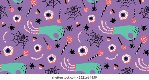 Halloween seamless pattern with web, eyes, dead hand, spiders, halloween treat on purple background. Simple flat vector illustration.
