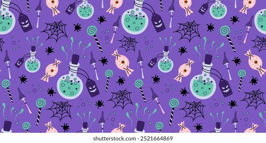 Halloween seamless pattern with web, potion, spiders, halloween treat on purple background. Simple flat vector illustration.
