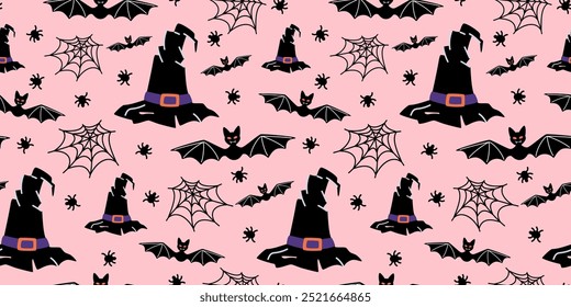 Halloween seamless pattern with web, spiders, witch hat, bats, halloween treats
 on pink background. Simple flat vector illustration.
