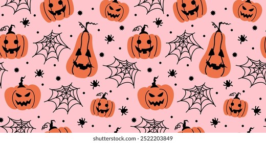 Halloween seamless pattern with web, spiders, pumpkins on pink background. Simple flat vector illustration.
