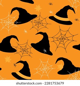 Halloween seamless pattern with web, stars and witch hat. Vector illustration on orange background