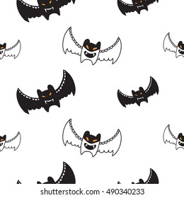 Halloween seamless pattern with white bat and black bat. Beautiful vector background for decoration halloween designs. Cute minimalistic art elements on white backdrop.