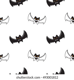 Halloween seamless pattern with white bat and black bat. Beautiful vector background for decoration halloween designs. Cute minimalistic art elements on white backdrop.