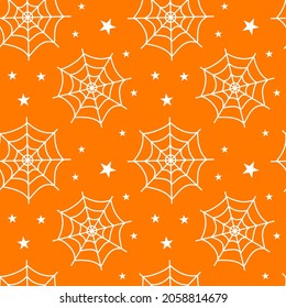 Halloween seamless pattern with white cobwebs on orange background. Flat vector illustration. Use for web, notepad, background, paper