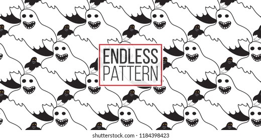 Halloween seamless pattern with white ghost and black ghost. Cute vector background for decoration halloween cadrs, package paper, flyer. 