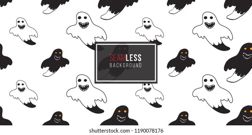 Halloween seamless pattern with white ghost and black ghost. Cute vector background for decoration halloween cadrs, package paper, flyer. 