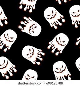 Halloween seamless pattern with white ghosts. Festive decoration of advertising and congratulatory products. Flat vector cartoon illustration. Objects isolated on black background.