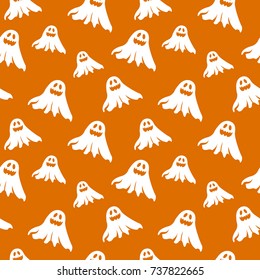Halloween Seamless Pattern. White Ghosts On Orange Background. Vector Illustration. 