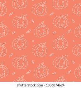 Patrón ininterrumpido de Halloween con calabazas divertidas de línea blanca. Aislado en un fondo naranja.
 Dibujado a mano con dibujos animados. Estilo Kawaii. Ilustración vectorial.