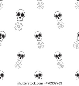 Halloween seamless pattern with white mexican skull with crossbones. Beautiful vector background for decoration halloween designs. Cute minimalistic art elements on white backdrop.