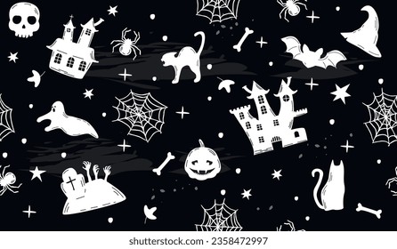 Patrón ininterrumpido de Halloween con siluetas blancas sobre fondo negro grundo.Fantasma, castillos, cráneo, linterna de calabaza, gatos, arañas, huesos, elementos de cementerio y doodle.Ilustración dibujada a mano por vectores