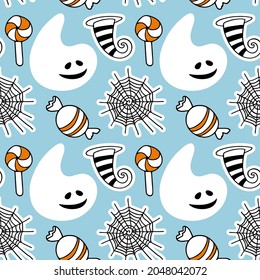 Halloween seamless pattern. White smiling ghost, web, lollipop, candy on Blue background. Funny Happy Halloween cartoon vector repeated Illustration for celebratory textile, wrapping paper, wallpaper.