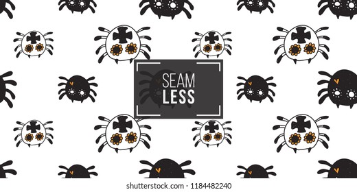 Halloween seamless pattern with white spider and black spider. Cute vector background for decoration halloween cadrs, package paper, flyer. 