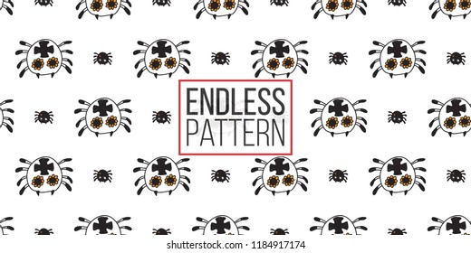 Halloween seamless pattern with white spider and black spider. Cute vector background for decoration halloween cadrs, package paper, flyer. 