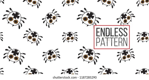 Halloween seamless pattern with white spider. Cute vector background for decoration halloween cadrs, package paper, flyer. 