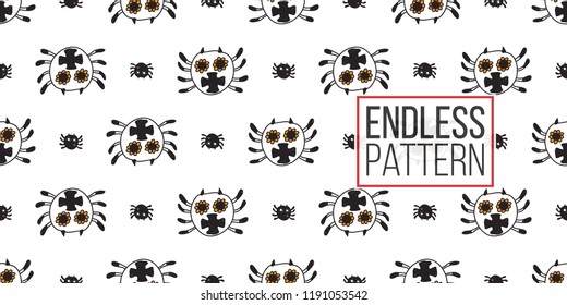 Halloween seamless pattern with white spider and black spider. Cute vector background for decoration halloween cadrs, package paper, flyer. 