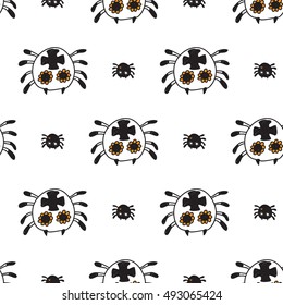 Halloween seamless pattern with white spider and black spider. Beautiful vector background for decoration halloween designs. Cute minimalistic art elements on white backdrop.
