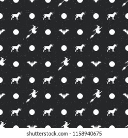 Halloween seamless pattern. White symbols on black background. Vector illustration