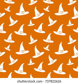 Halloween Seamless Pattern. White Witch Hats On Orange Background. Vector Illustration. 