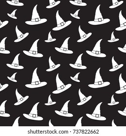 Halloween Seamless Pattern. White Witch Hats On Black Background. Vector Illustration. 