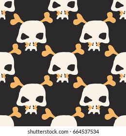 Halloween seamless pattern with white(Light sand) skulls and orange bones on dark background. African man skull with bone in nose.Dress,t shirt,pajamas,sleepwear,Diapers or napkin print