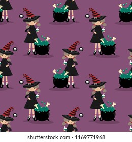 Halloween seamless pattern wiith young witch and witch's cauldron.