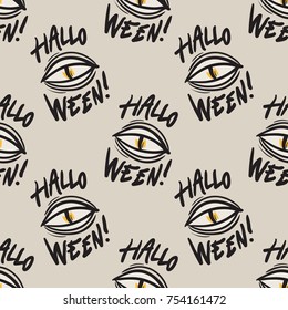 Halloween seamless pattern with wild animal or reptile eye in black and white. Creepy alien-like drawing with handwriting text. Fantastic concept. Unique decorative vector background for any use.