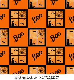 Halloween seamless pattern, window, bats, moon, cat, spider web and spider.
